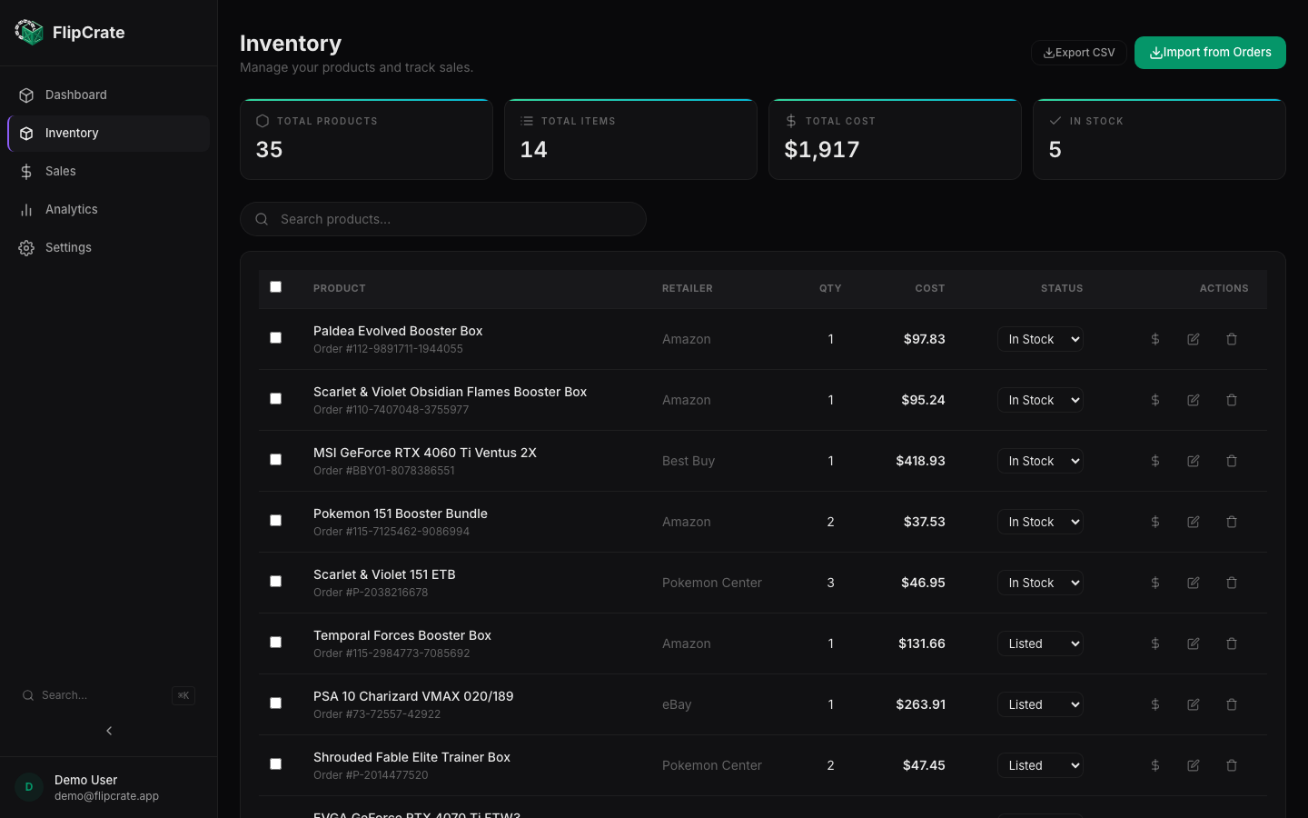 FlipCrate inventory page showing Pokemon cards and GPUs with cost, price, and status